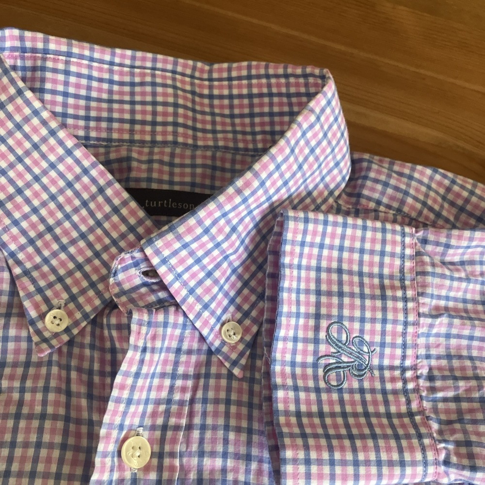 Turtleson Shirt Mens‎ Large Pink Blue Gingham Button  Long Sleeve RR Embroidery